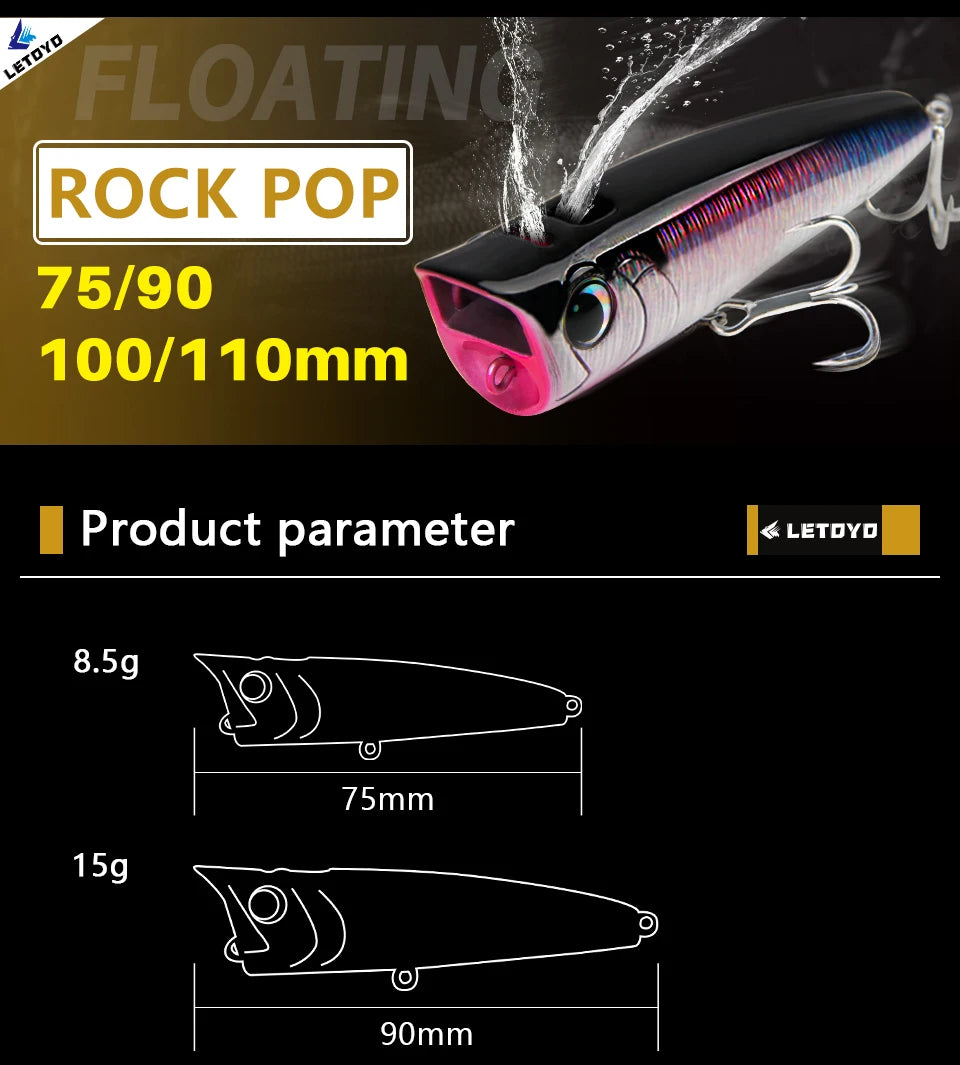 LETOYO Topwater Popper 8.5-30g floating Rock pop Artificial Hard Baits for Bass Perch Pike Fishing Lure The Clovii's Extravaganza!!!