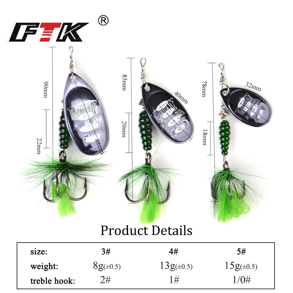 FTK Metal Fishing Lure Spinner Bait 8.5g 13g 15g Spoon Lures Bass Hard Bait With Feather Treble Hooks Pike Fishing Tackle The Clovii's Extravaganza!!!