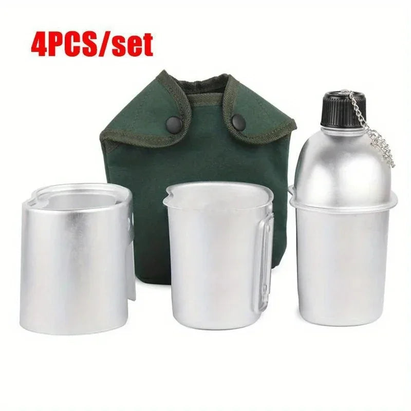 4pcs Cookware Set Military Canteen Aluminum Alloy Multi-Functional Water Bottle Outdoor Camping Portable Lunch Box Alcohol Stove The Clovii's Extravaganza!!!