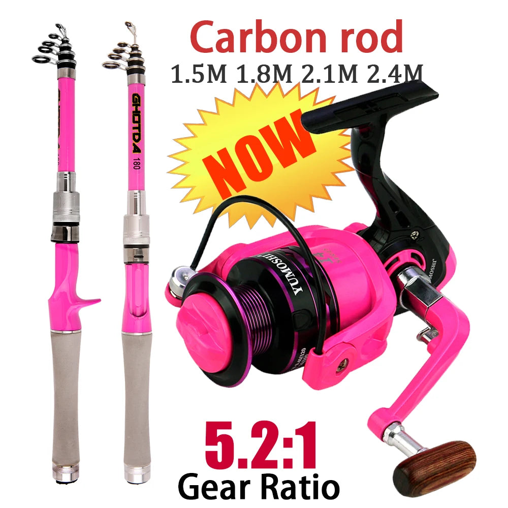 5/6/7sections Telescopic Fishing Rod and Reel Set Spinning Fishing Rods 5.2:1 Gear Ratio Fishing Reels Kit 1.5M 1.8M 2.1M 2.4M CMBs Fishing and Outdoor Gear