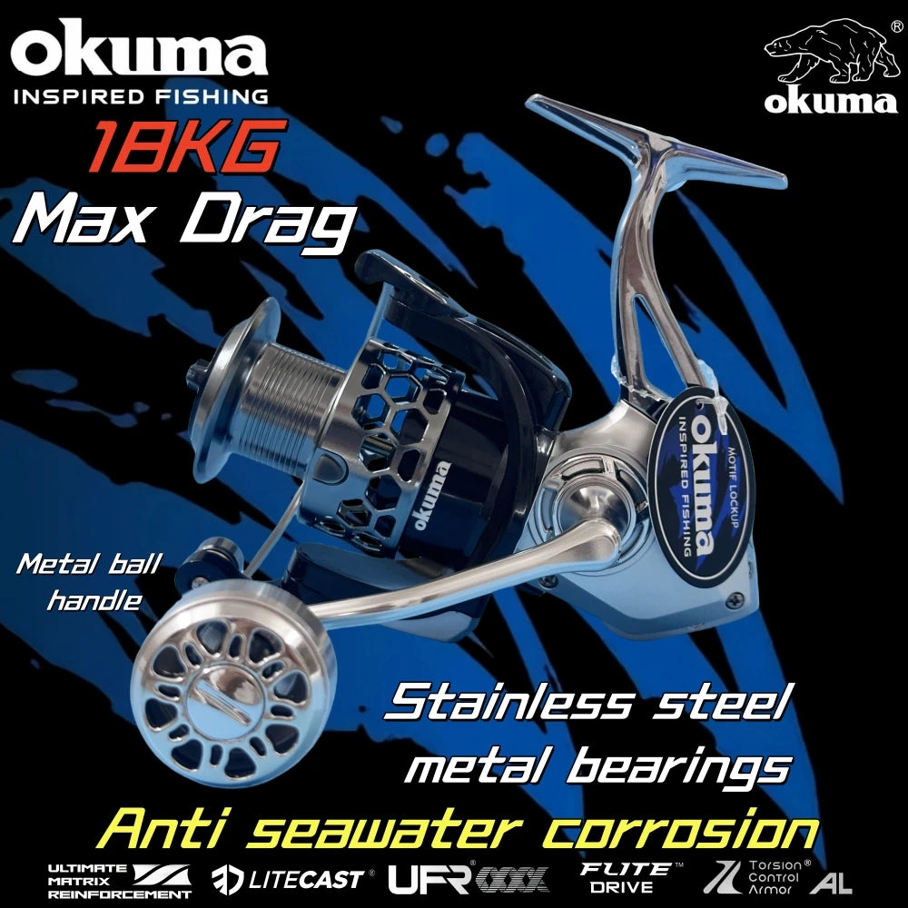 OKUMA Spinning Reels All metal High Performance Fishing Reels,18KG Max Drag,14+1 Bearing,5.2:1/4.9:1Gear Ratio,Gift fishing line CMBs Fishing and Outdoor Gear