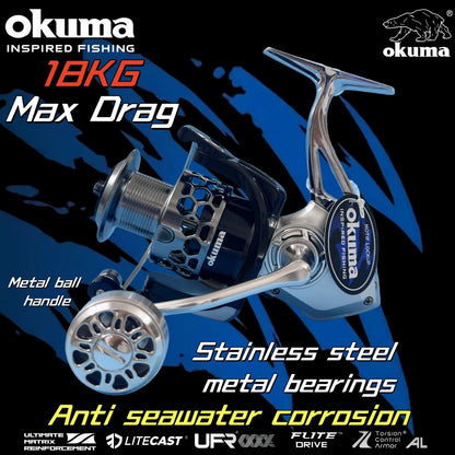 OKUMA Spinning Reels All metal High Performance Fishing Reels,18KG Max Drag,14+1 Bearing,5.2:1/4.9:1Gear Ratio,Gift fishing line CMBs Fishing and Outdoor Gear