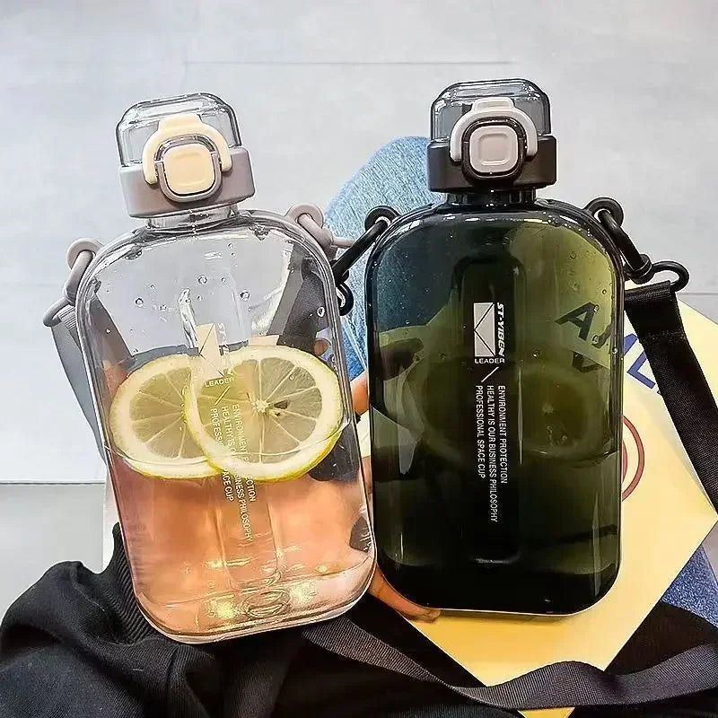 Flat Square Transparent Water Bottle Portable Travel Canteen with Adjustable Strap Elegant Slim Bottle for Sport Camping CMBs Fishing and Outdoor Gear