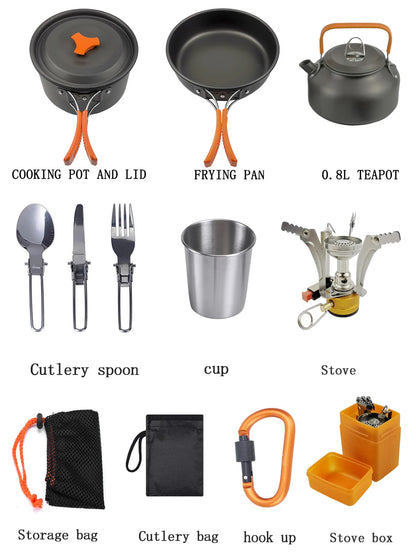 Camping Cooker Set Cookware Kit Outdoor Pot Pan Stove Kettle Cups Tableware Tourist Dishes Nature Hike Equipment The Clovii's Extravaganza!!!