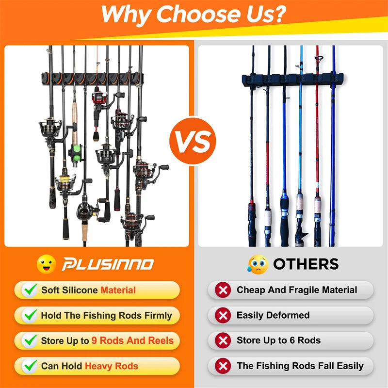 PLUSINNO V9 Fishing Rod Holder Wall Mount Vertical and Horizontal Pole Rack for Home and Garage Store Up to 36 Fishing Rods CMBs Fishing and Outdoor Gear