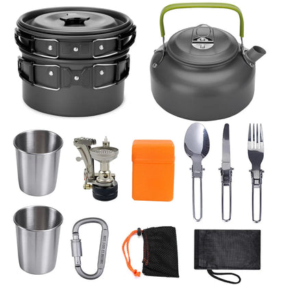 Camping Cooker Set Cookware Kit Outdoor Pot Pan Stove Kettle Cups Tableware Tourist Dishes Nature Hike Equipment The Clovii's Extravaganza!!!