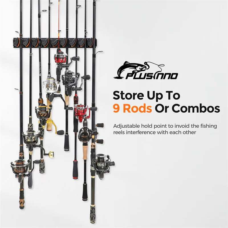 PLUSINNO V9 Fishing Rod Holder Wall Mount Vertical and Horizontal Pole Rack for Home and Garage Store Up to 36 Fishing Rods CMBs Fishing and Outdoor Gear