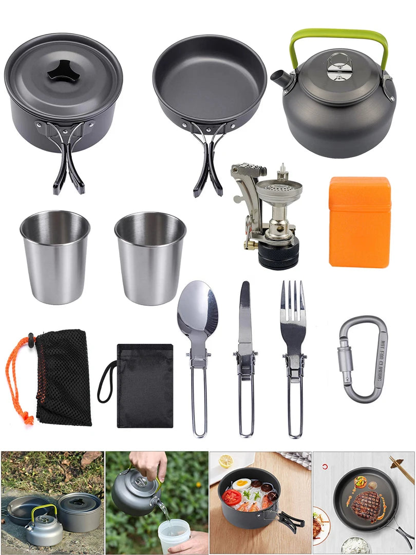 Camping Cooker Set Cookware Kit Outdoor Pot Pan Stove Kettle Cups Tableware Tourist Dishes Nature Hike Equipment The Clovii's Extravaganza!!!