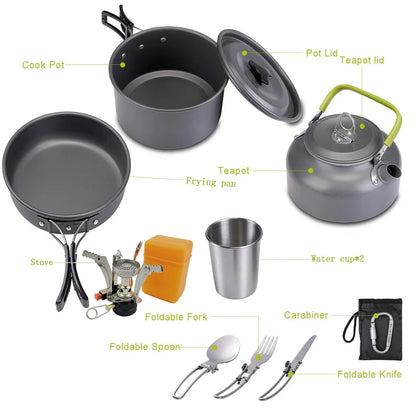 Camping Cooker Set Cookware Kit Outdoor Pot Pan Stove Kettle Cups Tableware Tourist Dishes Nature Hike Equipment The Clovii's Extravaganza!!!