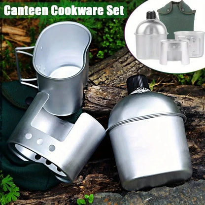 4pcs Cookware Set Military Canteen Aluminum Alloy Multi-Functional Water Bottle Outdoor Camping Portable Lunch Box Alcohol Stove The Clovii's Extravaganza!!!