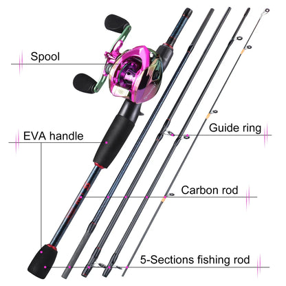 Sougayilang Fishing Rods and Reels 5 Section Carbon Rod Baitcasting Reel Travel Fishing Rod Set with Full Kits Carrier Bag CMBs Fishing and Outdoor Gear